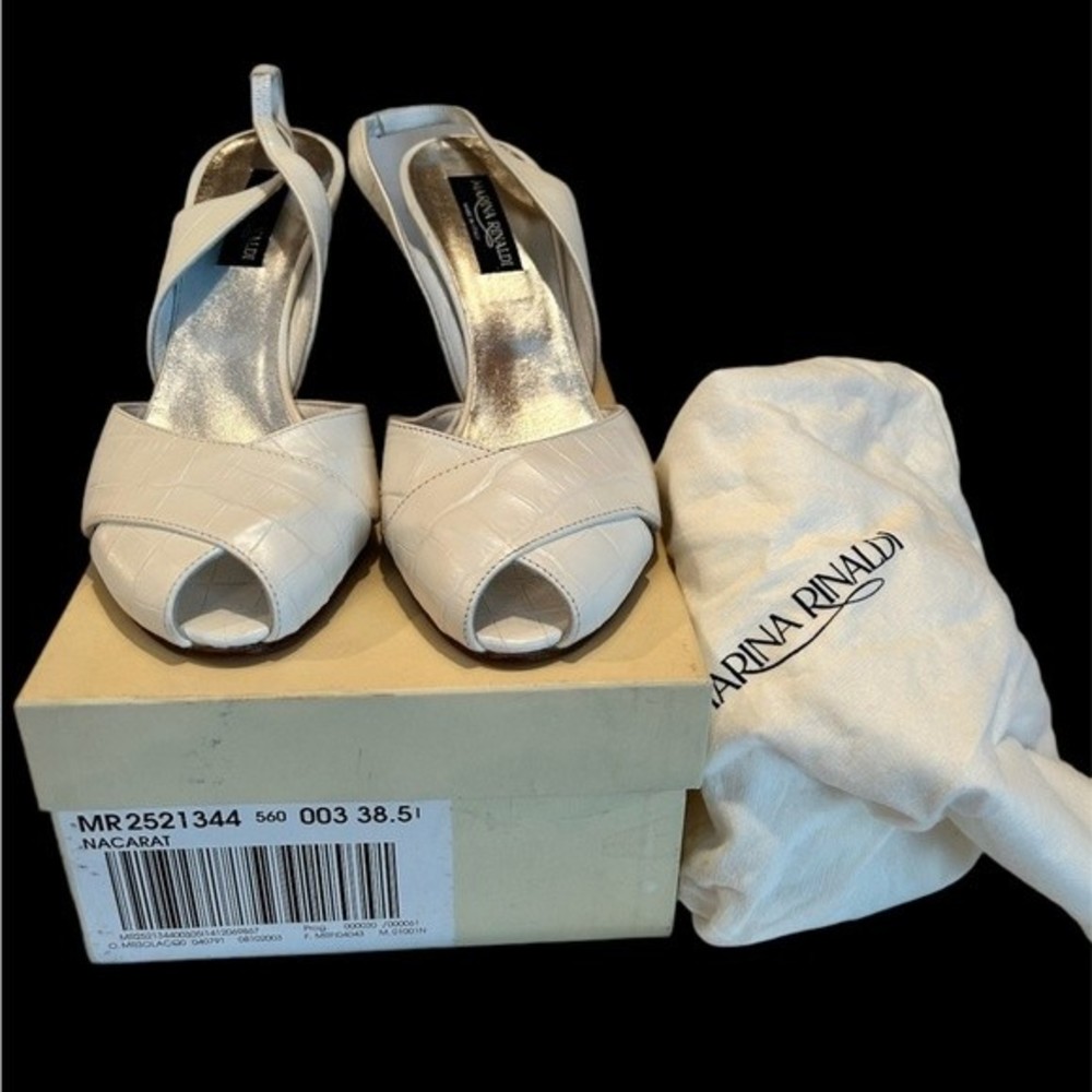RARE VTG Marina Rinaldi White Patent Crocodile Pattern Peep Toe Slingbac…